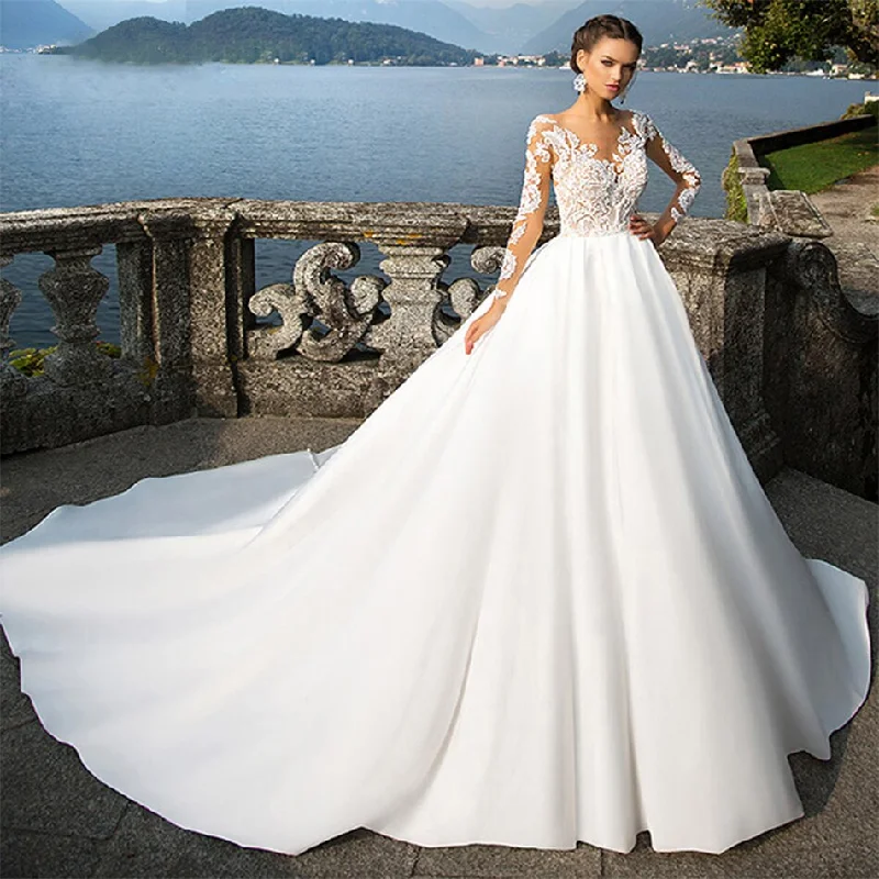 VLLUSISA O-Neck Long Sleeve Beach Bridal Gowns A-line Lace Satin Wedding Dresses Elegant Satin Dress