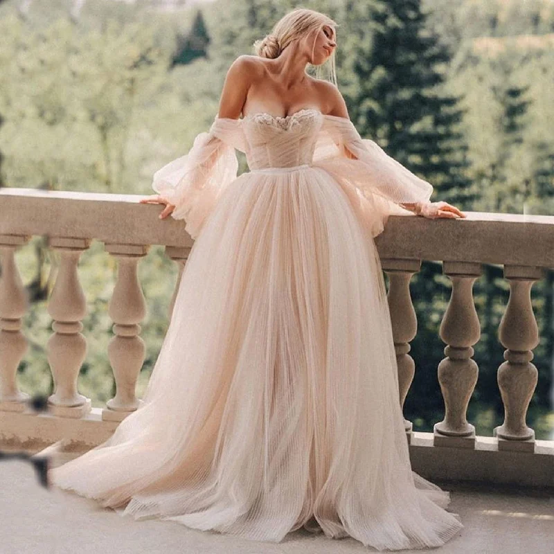 Long Puff Sleeve Champagne Off Shoulder Wedding Dress Illusion Lace Gown