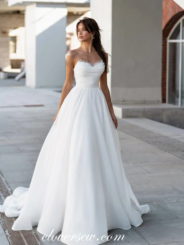 White Organza Pleating Beading Neckline A-line Simple Wedding Dresses, CW0362 Sparkling Wedding Dress