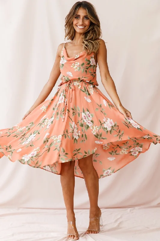 Ava Cowl Neck Drawstring Midi Dress Floral Print Peach Leather midi dresses