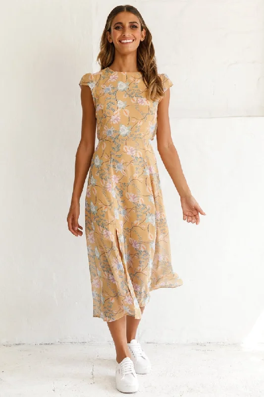 Becky Cap Sleeve Crew Neck Midi Dress Floral Print Mustard Casual midi dresses