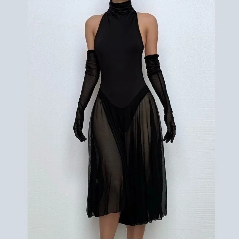 High neck gloves button mesh solid midi dress High-end midi dresses