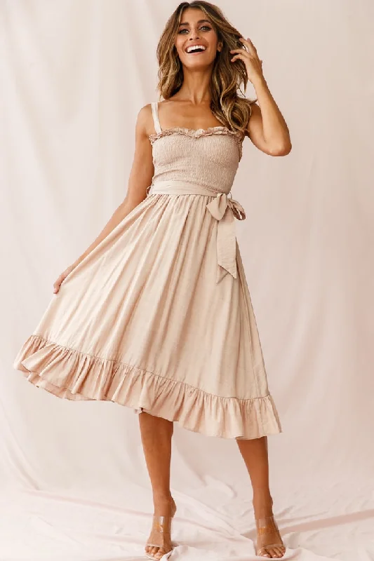 Honey Shirred Frill Midi Dress Mocha Strapless midi dresses