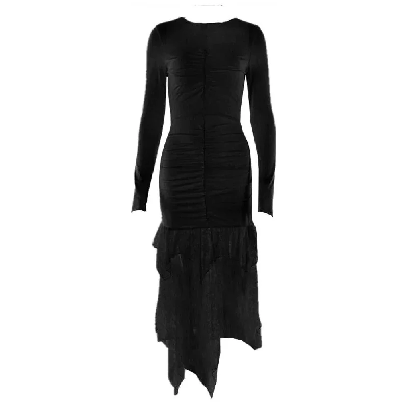 Long sleeve crewneck lace backless ruched midi dress Best value midi dresses