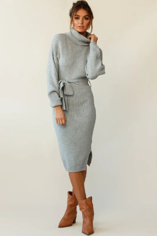 Marco Long Sleeve Turtleneck Knit Midi Dress Grey Ruffled midi dresses