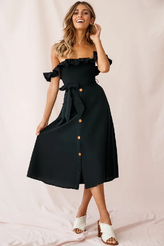 Matisse Off-Shoulder Placket Dress Black Formal midi dresses