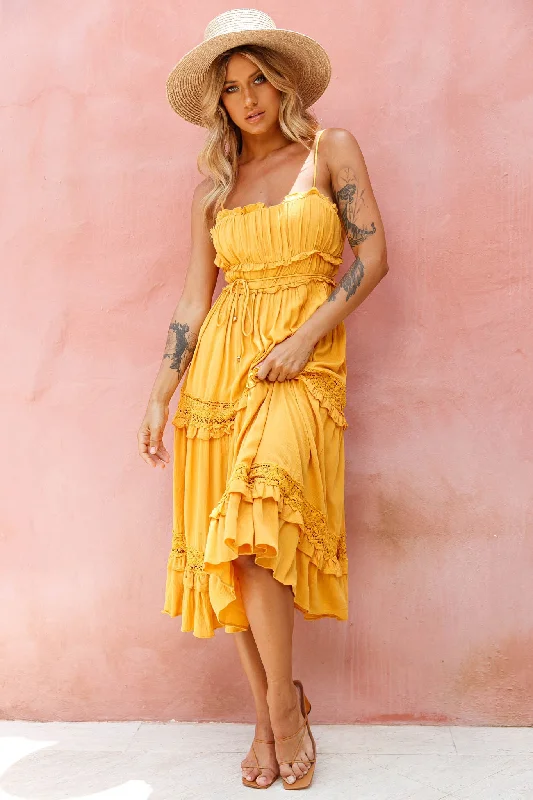 Meet You There Crochet & Frill Trim Detail Midi Dress Mustard Vintage midi dresses