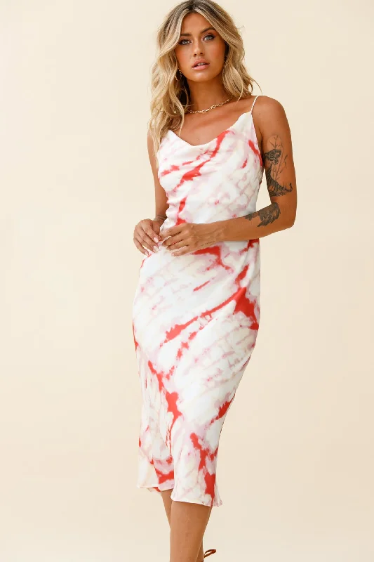 Show Me Love Cowl Neck Midi Dress Tie-Dye Red Denim midi dresses