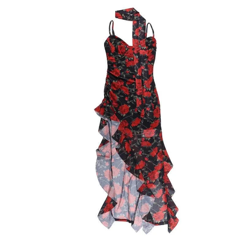 Sweetheart neck ruffle print irregular cami midi dress Women's trendy midi dresses sale