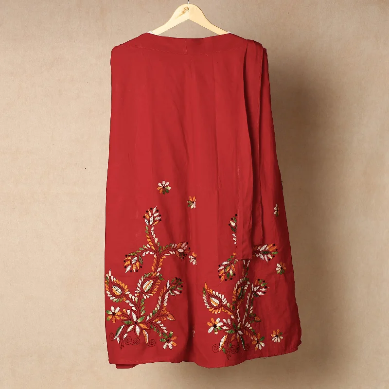 Red - Bengal Kantha Embroidery Cotton Wrap Around Skirt Women's unclassified skirts