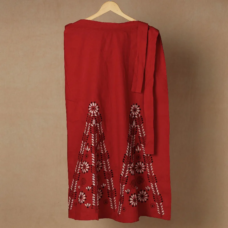 Red - Bengal Kantha Embroidery Cotton Wrap Around Skirt Embroidered unclassified skirts