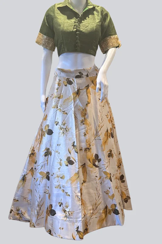 Elegant Printed Lehenga with Taffeta Silk Blouse and Dupatta Earthy tone unclassified skirts