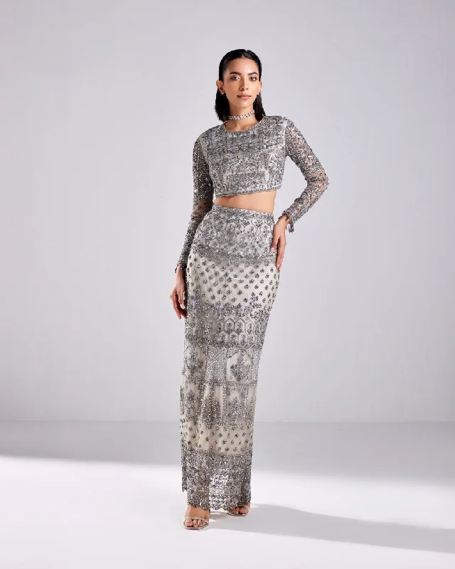 Grey Embroidered Crop Top And Skirt Set Popular unclassified skirts