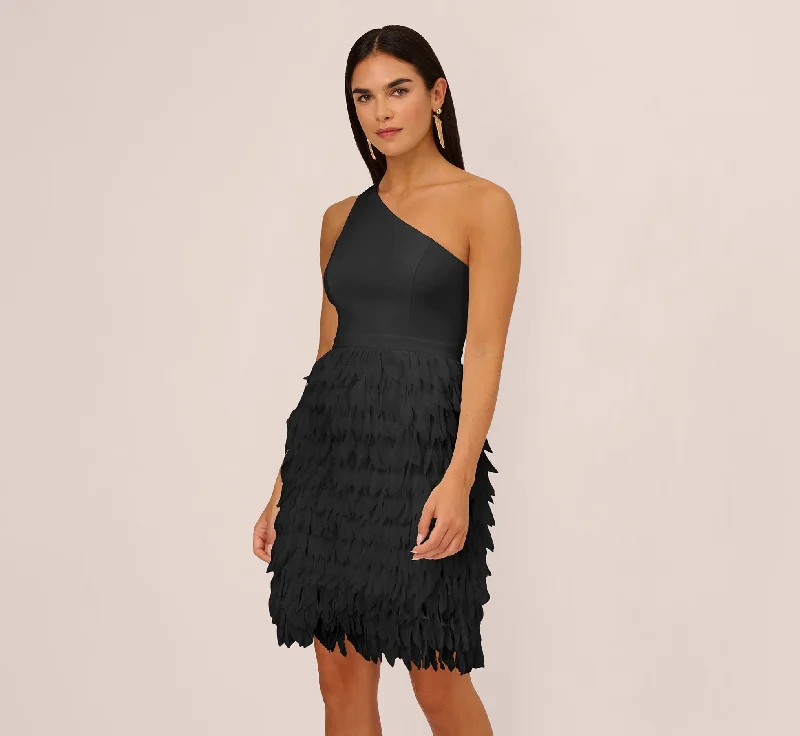 One Shoulder Cocktail Dress With Feather Chiffon Skirt In Black Mesh unclassified skirts