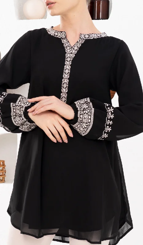 Amalie Embroidered Long Modest Tunic - Black Off-shoulder maxi dresses