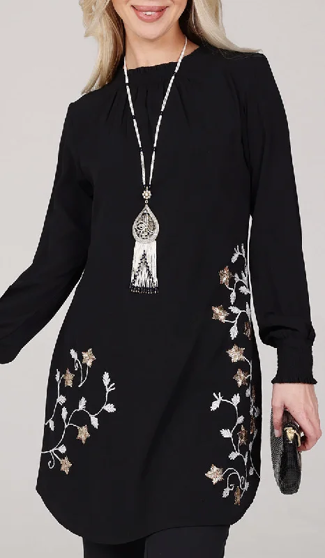 Amina Embroidered Formal Long Modest Tunic - Black Sequin maxi dresses