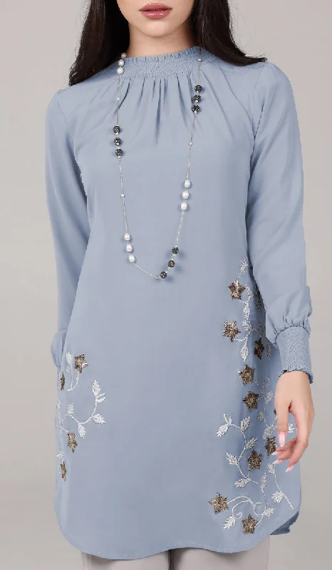 Amina Embroidered Formal Long Modest Tunic - Powder Blue Vintage maxi dresses