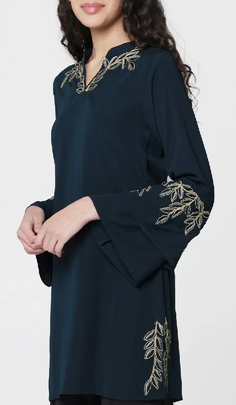 Arzoo Gold  Embellished Long Modest Tunic - Dark Teal - PREORDER (ships in 2 weeks) Summer party maxi dresses