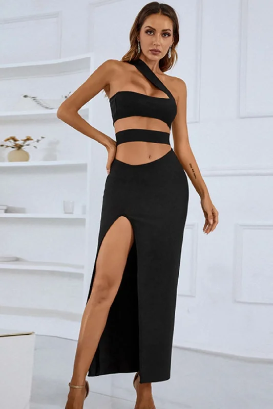 Arabella Asymmetrical Cut Out Slit Maxi Dress Edgy maxi dresses