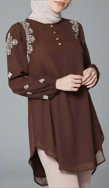 Azmi Gold Embroidered Long Modest Tunic - Cocoa Flowy maxi dresses