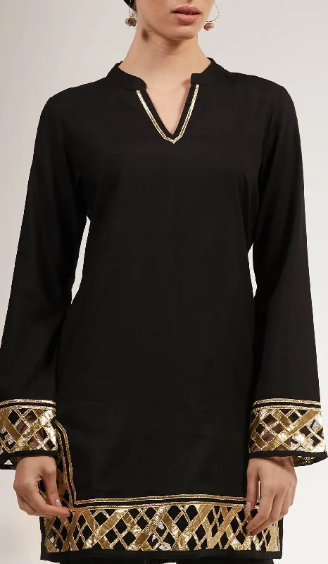 Behnaz Gold Embellished Long Modest Tunic - Black Fall maxi dresses