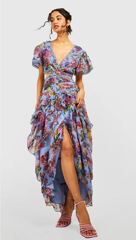 Boohoo floral cut out ruffle maxi dress, new - size 10 Wedding guest maxi dresses