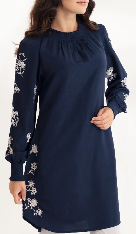 Golnar Embroidered Long Modest Tunic - Navy Budget-friendly maxi dresses