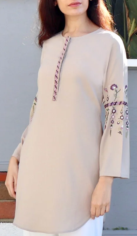 Gulzar Embroidered Long Modest Tunic - Latte Boho maxi dresses