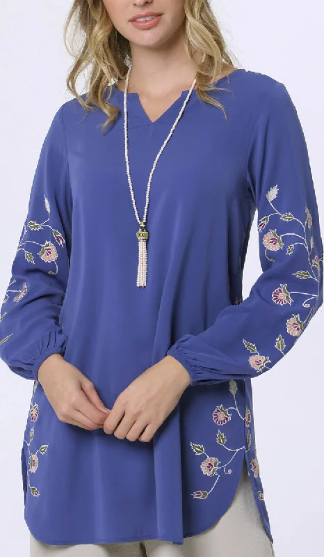 Hadeel Embroidered Long Modest Tunic - Azure Leather maxi dresses