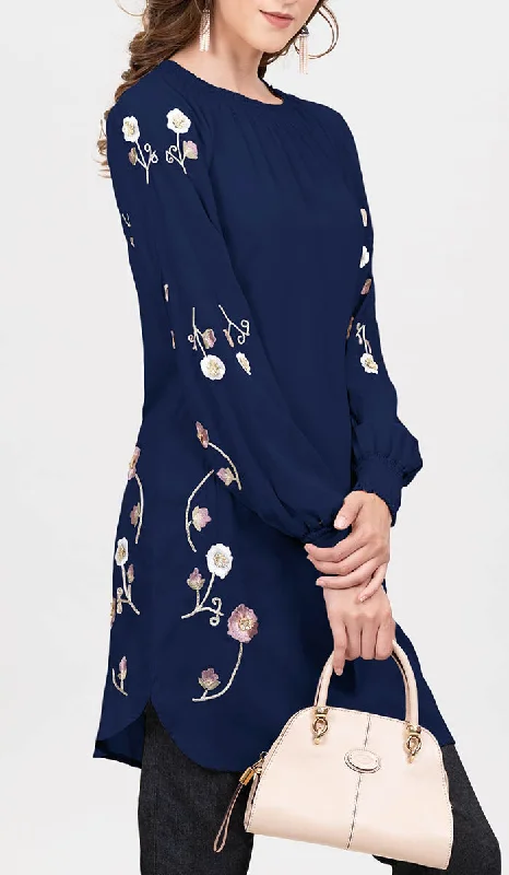 Iman Embroidered Formal Long Modest Tunic - Navy Best maxi dresses for petites