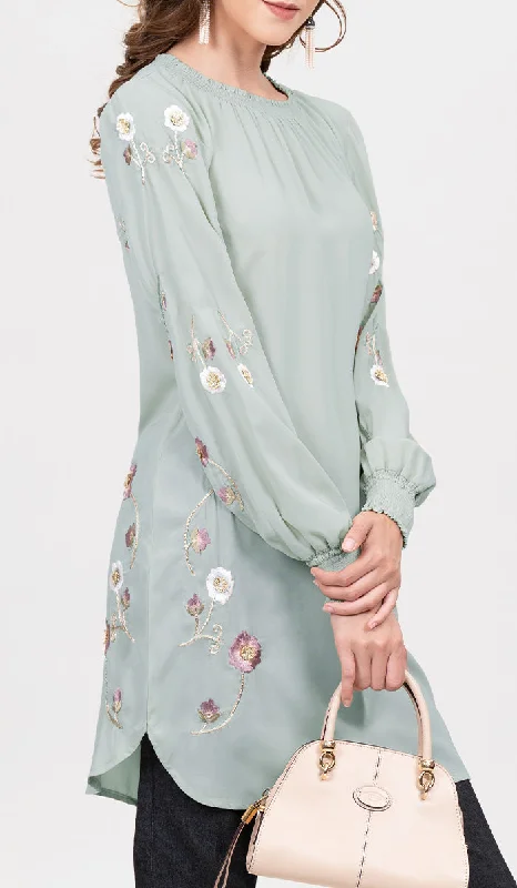 Iman Embroidered Formal Long Modest Tunic - Sage Discounted maxi dresses