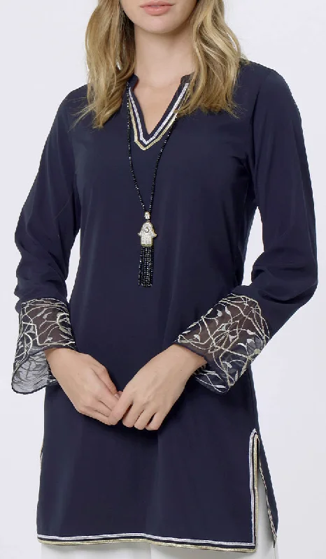 Ines Gold & Silver Embroidered Long Modest Tunic - Midnight Bodycon maxi dresses