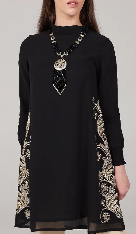 Nyla Gold Embellished Long Modest Tunic - Black Velvet maxi dresses