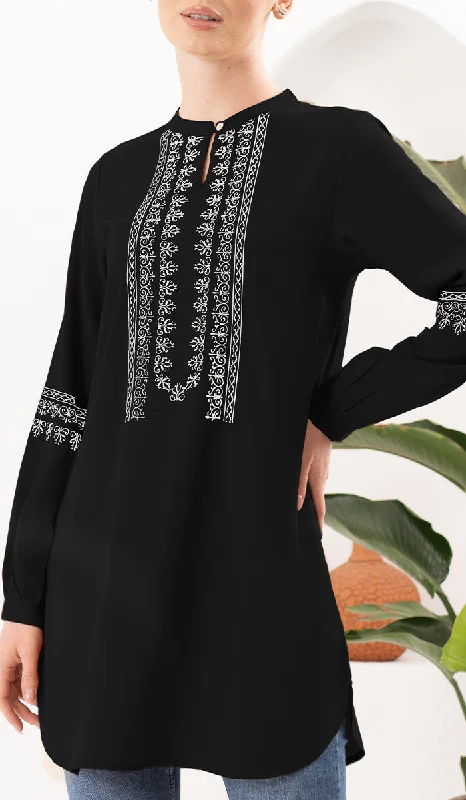 Razia Embroidered Long Modest Tunic - Black Cute floral print maxi dresses