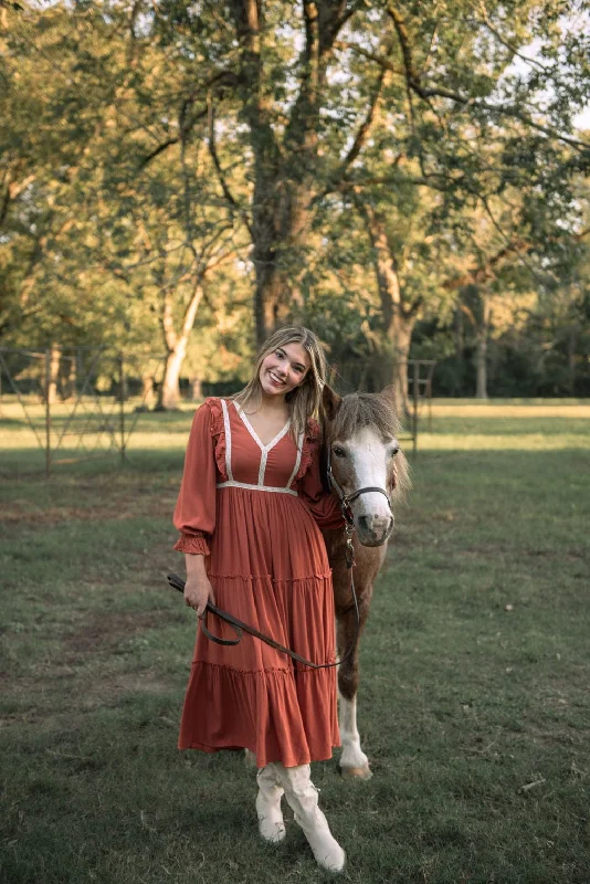 Rust Lace Detail Tiered Maxi Dress Formal maxi dresses