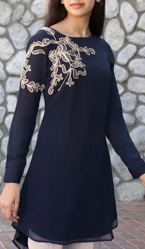 Selena Embroidered Long Modest Tunic - Navy Blue Beach maxi dresses