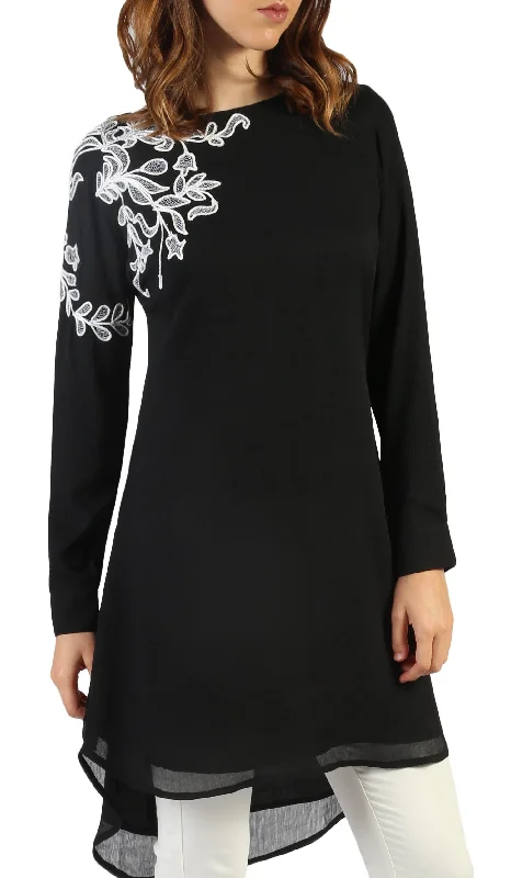 Selena Embroidered Long Modest Tunic - Black Vacation maxi dresses