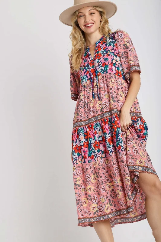 Umgee Mixed Floral Print Round Neck Maxi Dress in Navy Mix Goth maxi dresses