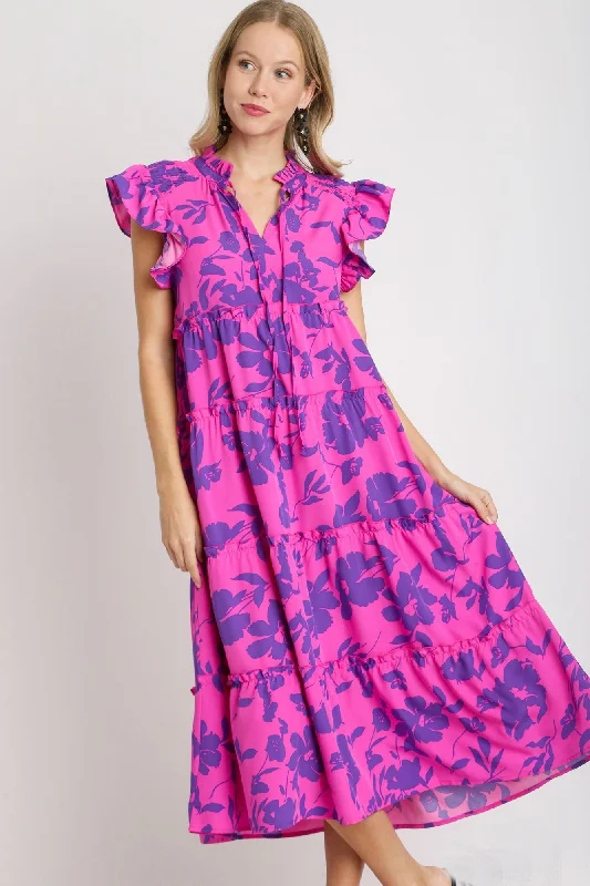 Umgee Split Neck Graphic Floral Print Tiered Maxi Dress in Magenta Mix H&M maxi dresses