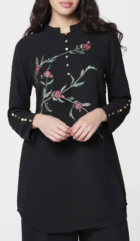 Uzma Chiffon Embroidered Long Modest Tunic - Black Elegant maxi dresses