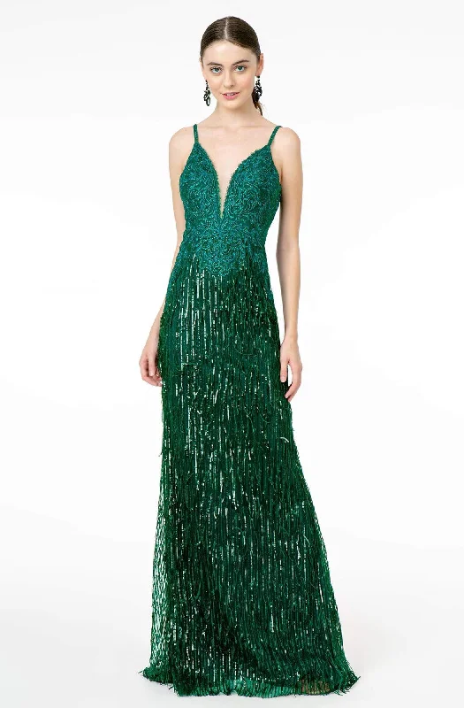 GLS by Gloria - GL1824 Plunging Sequin Fringed Sheath Gown Velvet party dresses