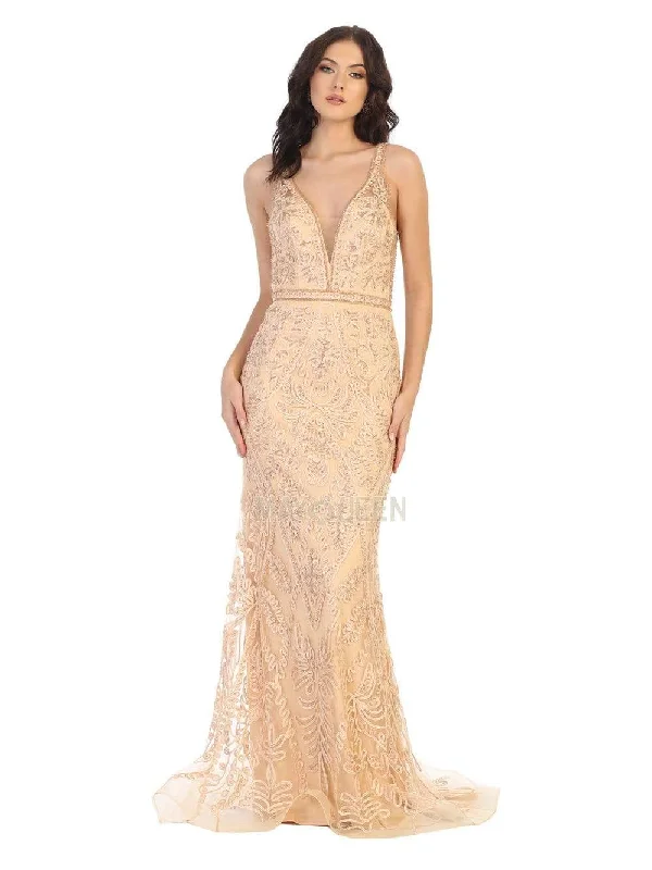 May Queen - MQ1758 Beaded Soutache Plunging V-Neck Gown Best party dresses for curvy figures