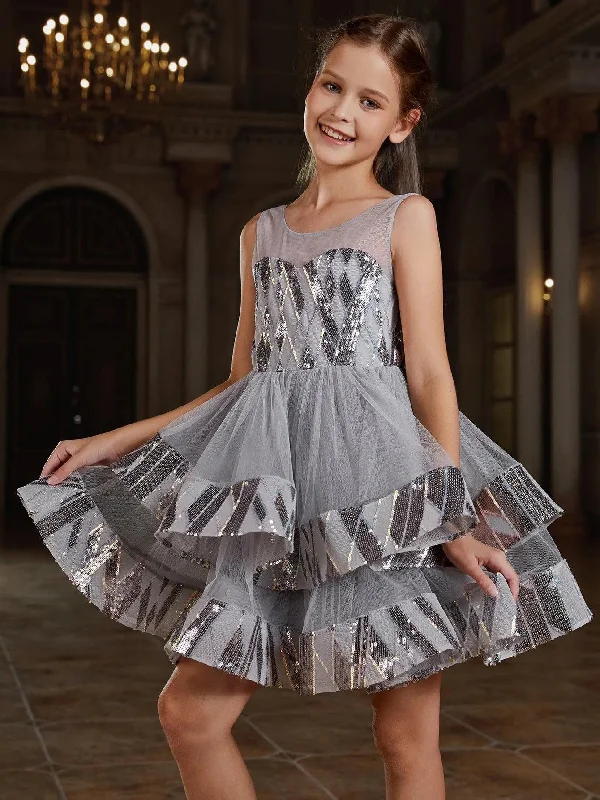 Tween Girls' Mesh Layered Hem Contrast Sequin Party Dress Best value party dresses