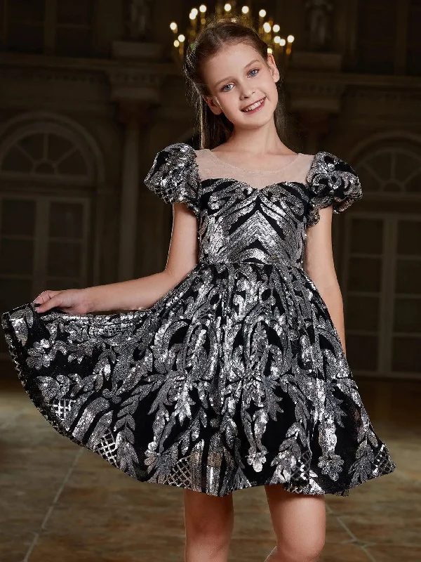 Tween Girls' Puff Sleeve Contrast Mesh Sequin Party Dress Engagement party dresses