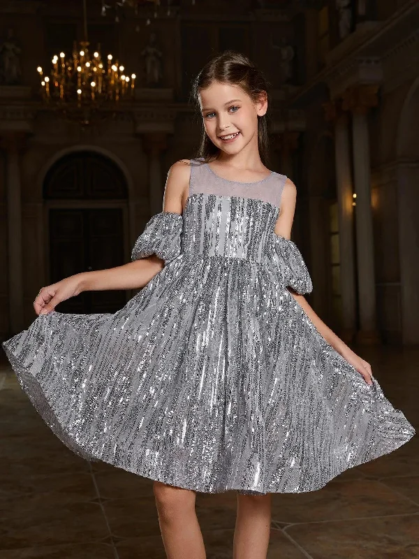 Tween Girls' Puff Sleeves Contrast Mesh Sequin Party Dress Wedding guest party dresses