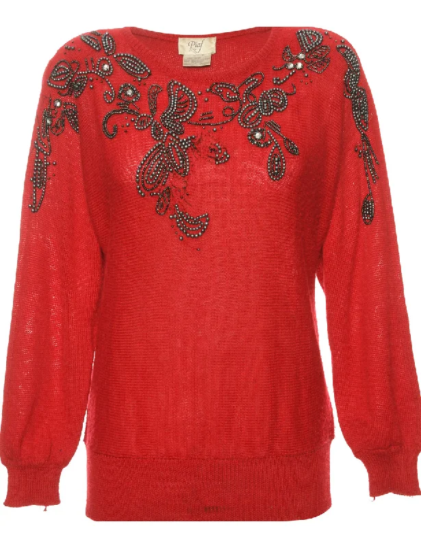 Embellished Red 1980s Jumper - S Ruffled unclassified dresses