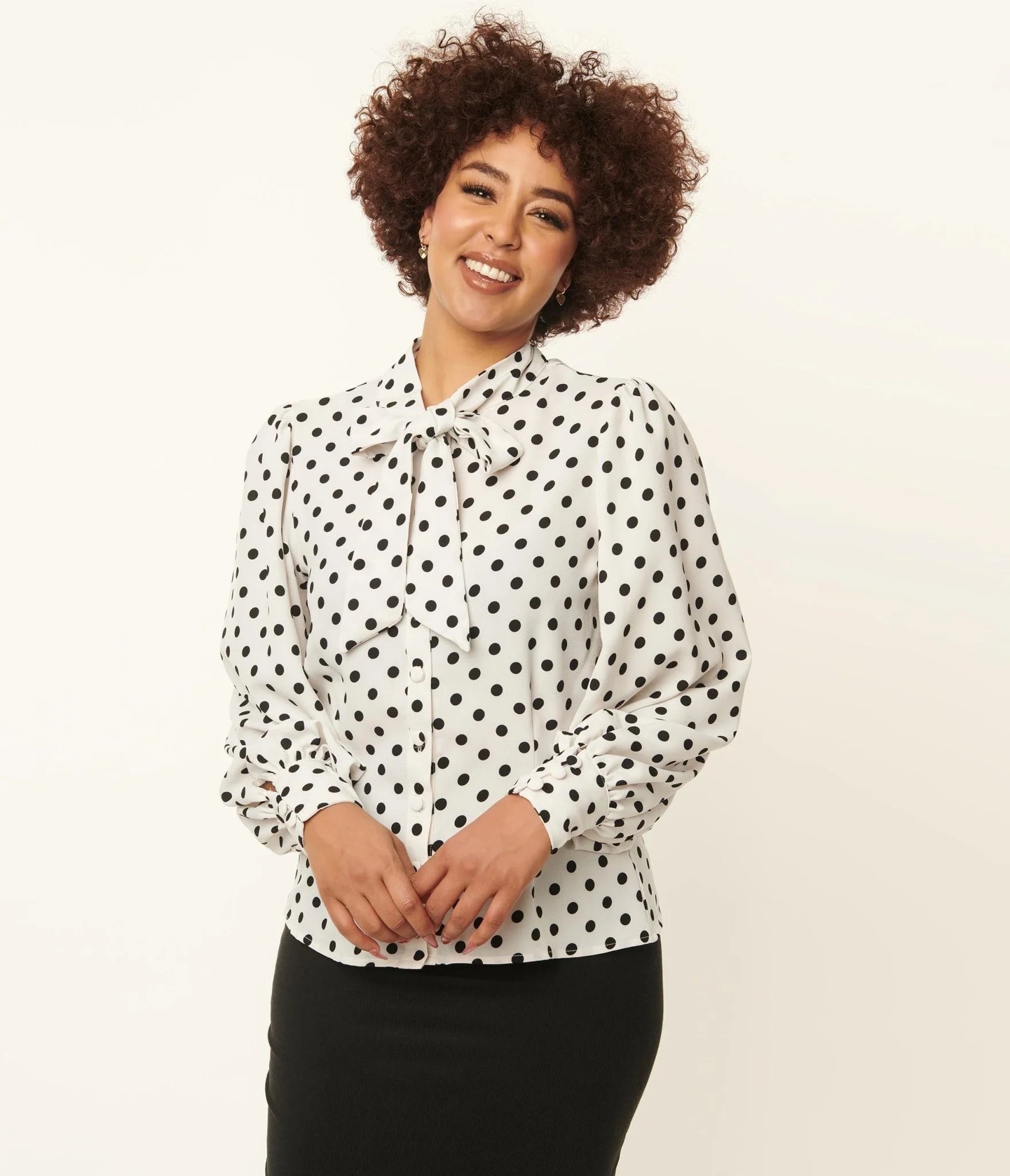 1940s White & Black Polka Dot Neck Tie Gwen Blouse by Unique Vintage Winter unclassified dresses