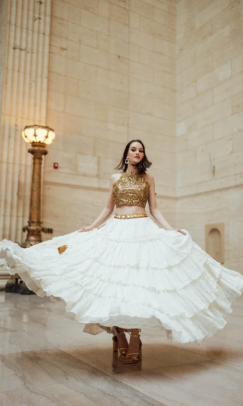 Zaida Gold and White Tiered Lehenga Set Fall unclassified dresses