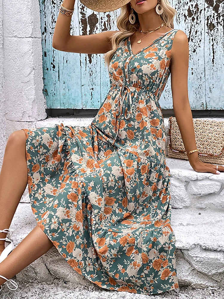 Casual Sleeveless V-Neck Floral Ruffle Beach Dress Cotton floral dresses