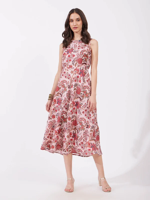 Chanderi Floral Boat Neck Dress - Red Budget-friendly floral dresses